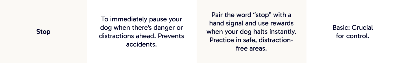 Stop | To immediately pause your dog when there’s danger or distractions ahead. Prevents accidents.